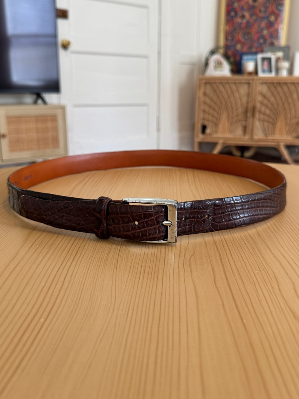 Faconnable Mens Brown Matte Alligator Leather Belt Silver-tone Buckle USA 38"